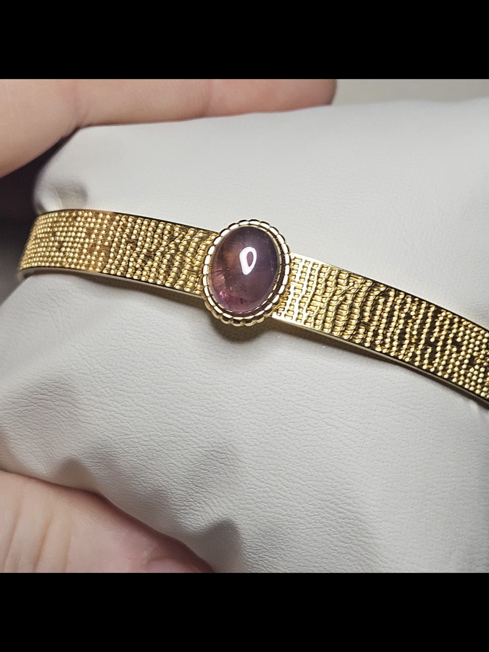 Gold Tone Stainless Steel Open Cuff Bracelet with Purple Gemstone Center